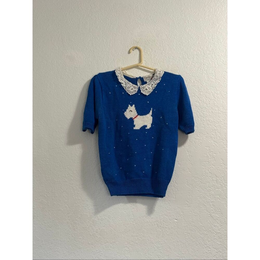 Vtg Crystal Sportswear Scottie Dog Crocheted Collar- Ramie And Cotton Blend S